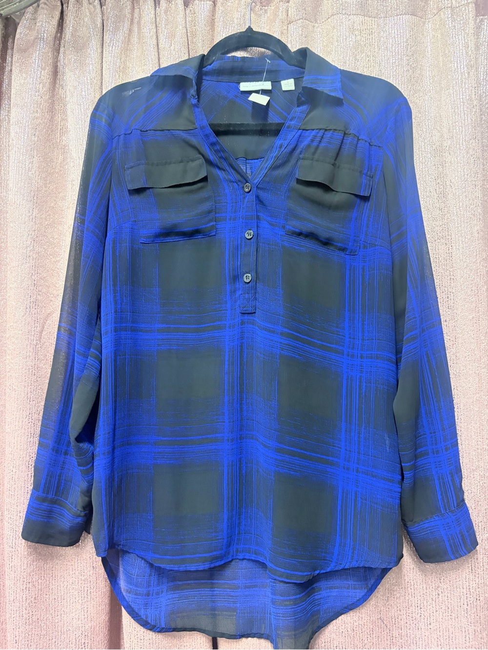 New York & Company Black and Blue Plaid Button-Neck Tunic